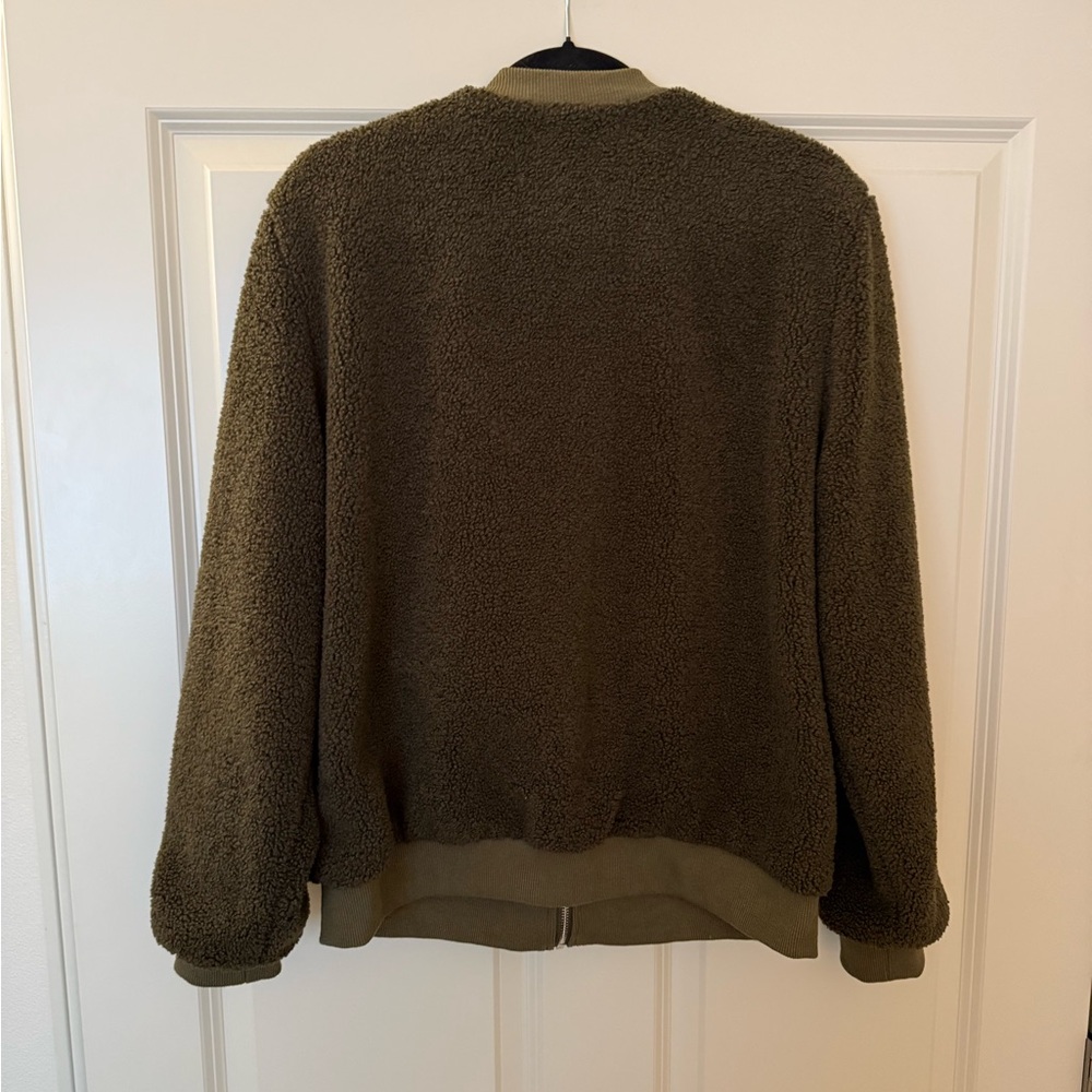Women’s Sherpa Fleece Bomber Jacket Olive Green Size Large - Picture 9 of 10